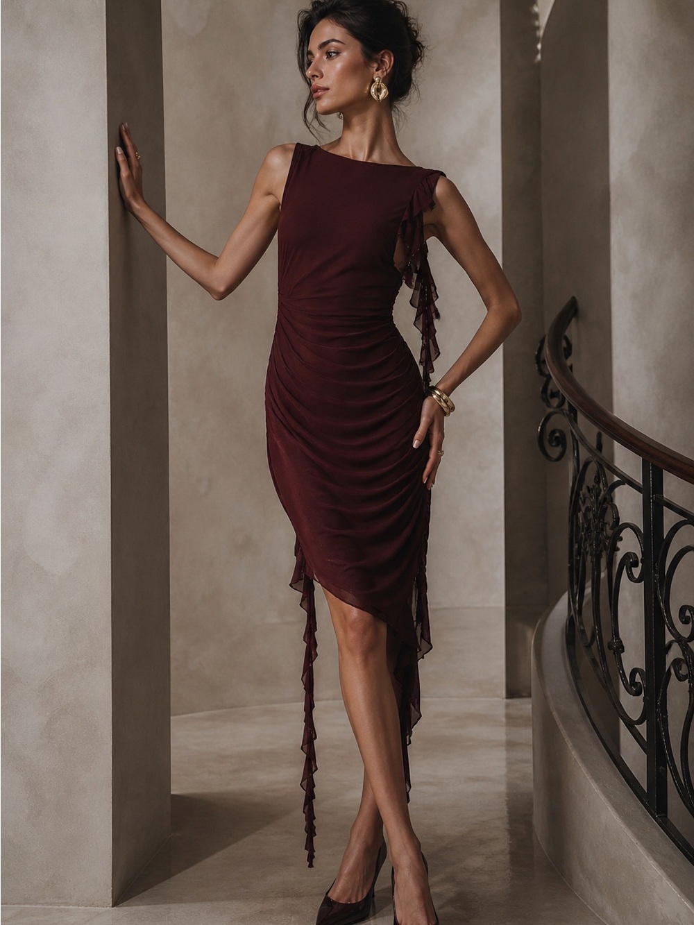 Oh Polly Y2K Brown Ruched Asymmetrical Bodycon Dress NWT Size 0